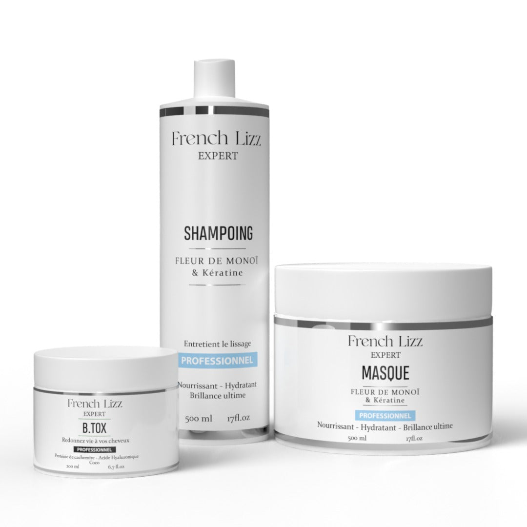 Kit entretien lissage Monoï Kératine French Lizz – Shampoing + Masque + Soin Réparateur
